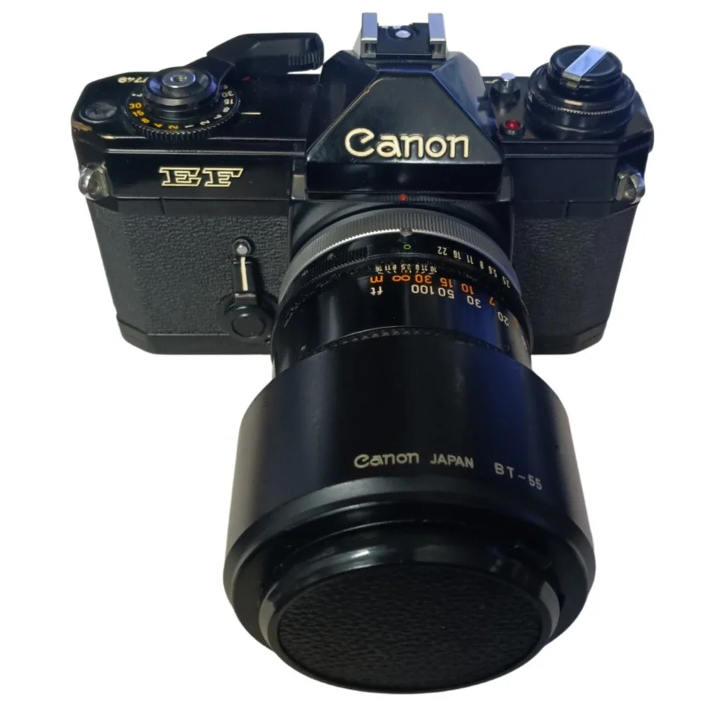 Vintage Canon EF SLR 35mm Film Camera with 135 mm Zoom Lens, Made in Japan